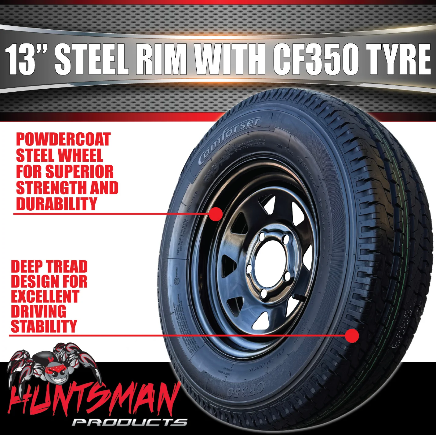 13x4.5 & 175R13C Black Ford Pattern Sunraysia Trailer Caravan Wheel Rim & Comforser CF350 Tyre