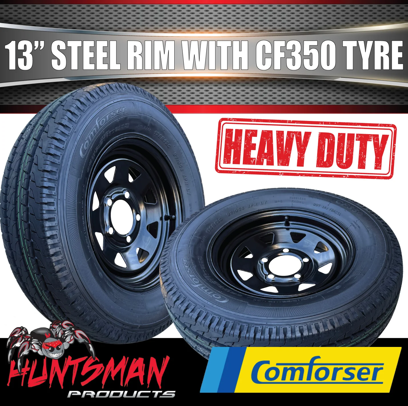 13x4.5 & 175R13C Black Ford Pattern Sunraysia Trailer Caravan Wheel Rim & Comforser CF350 Tyre - Image 2