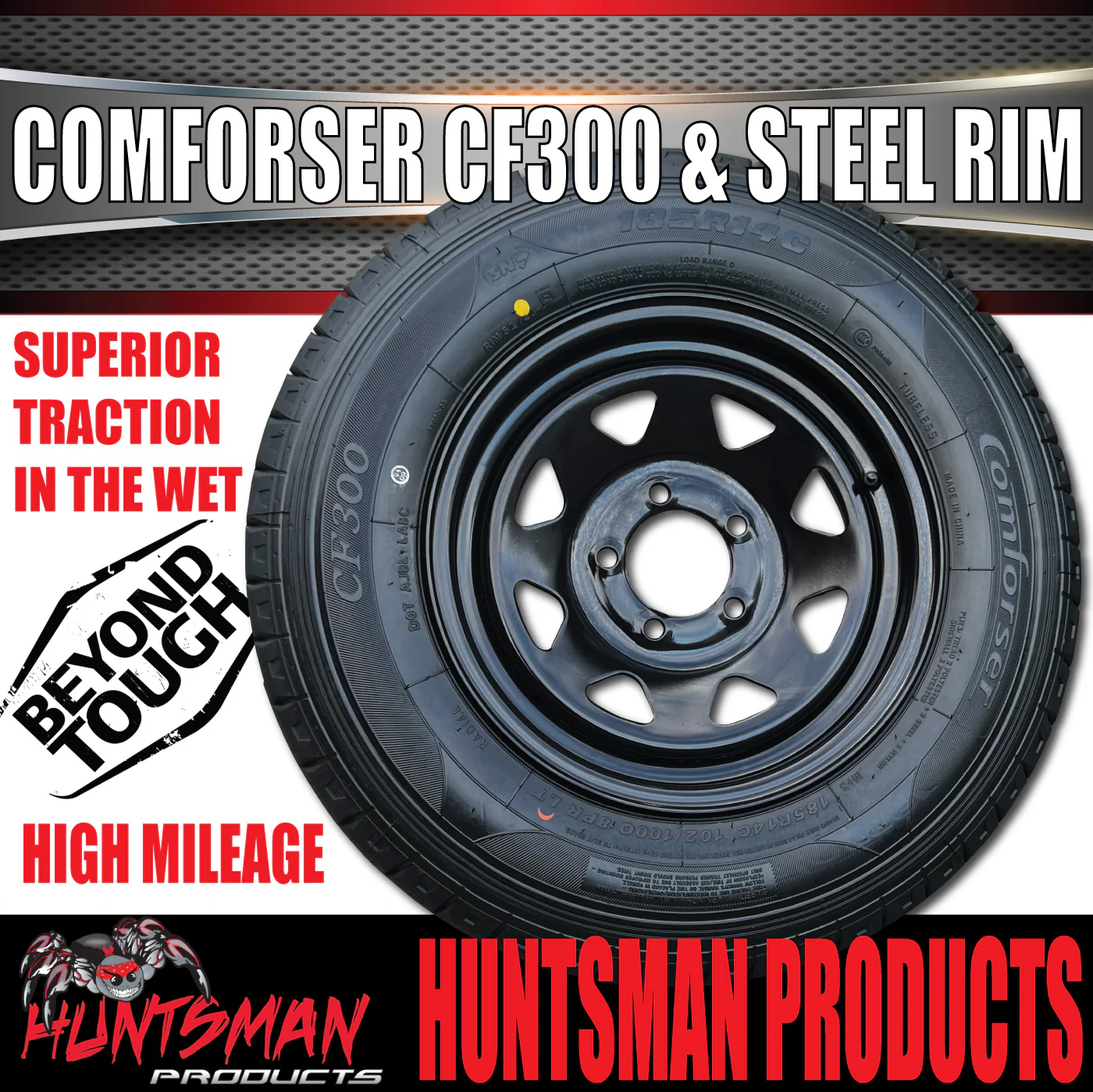 14x6 & 185R14C Ford Pattern Black Trailer Caravan Sunraysia Wheel Rim & Comforser CF300 Tyre 185 14 - Image 4