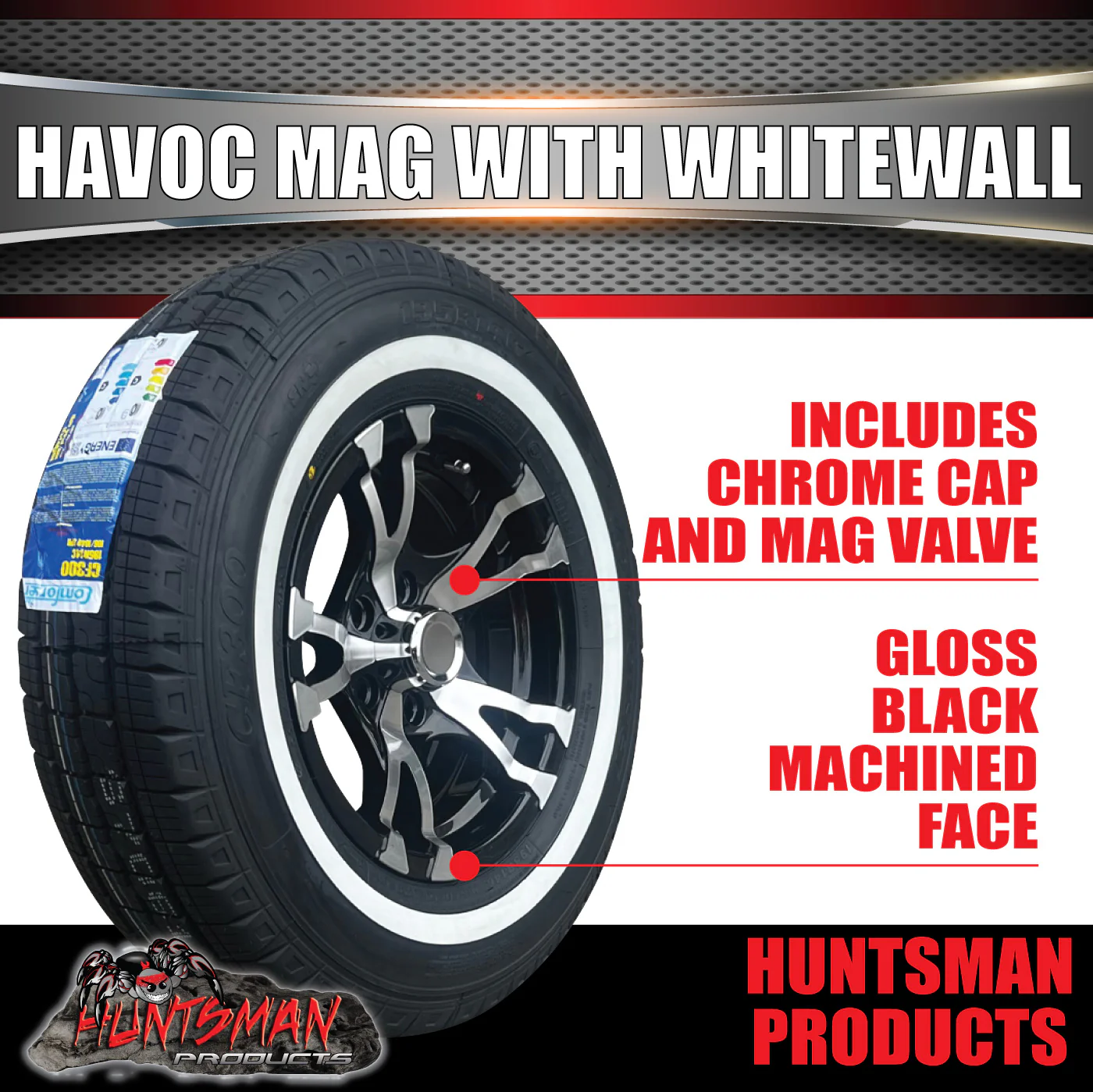 14" Caravan Trailer Havoc Alloy Mag & 185R14C Whitewall Tyre suit Ford Pattern. - Image 3