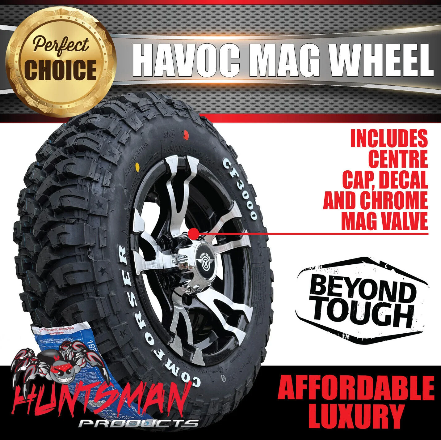 14" HT Holden Pattern Havoc Trailer Caravan Mag Wheel Rim & 185R14 LT CF3000 Mud Tyre - Image 2
