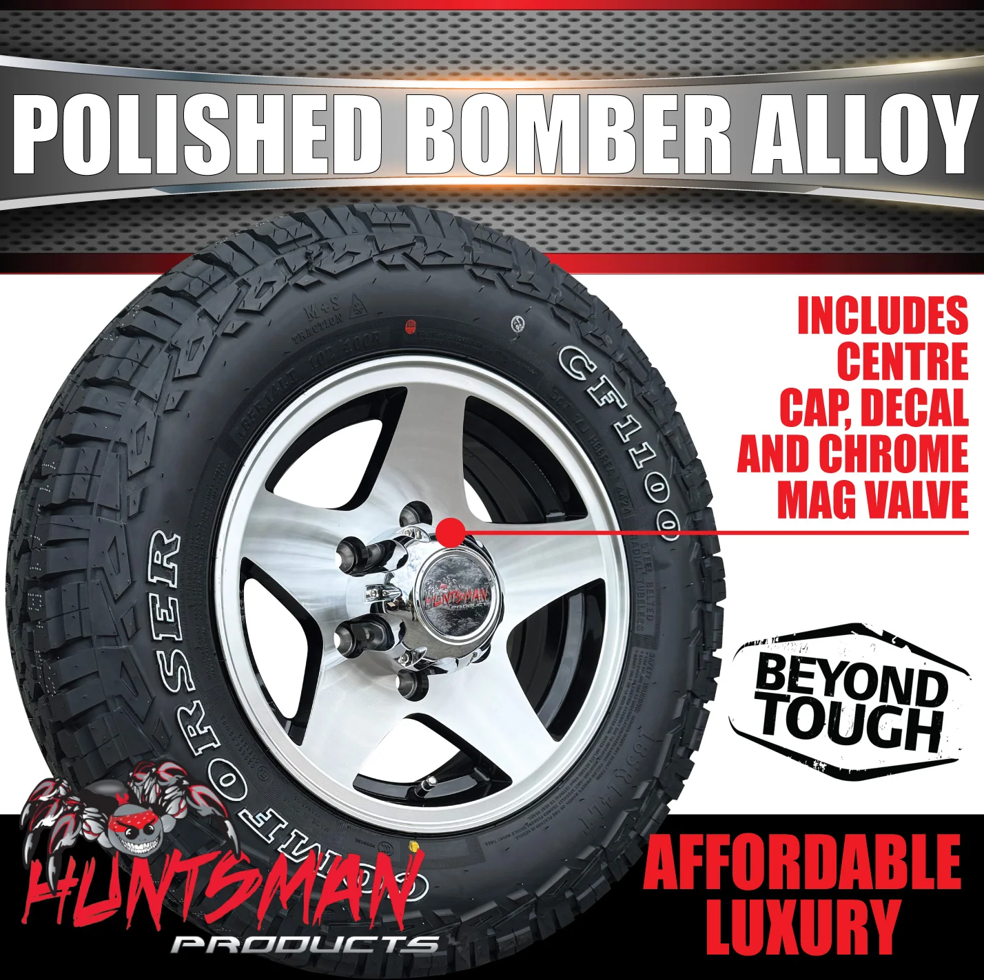 14" Trailer Caravan 6 Stud Polished Bomber Alloy Wheel & 175/70R14 LT RA1100 A/T Commercial Tyre. 175 70 14
