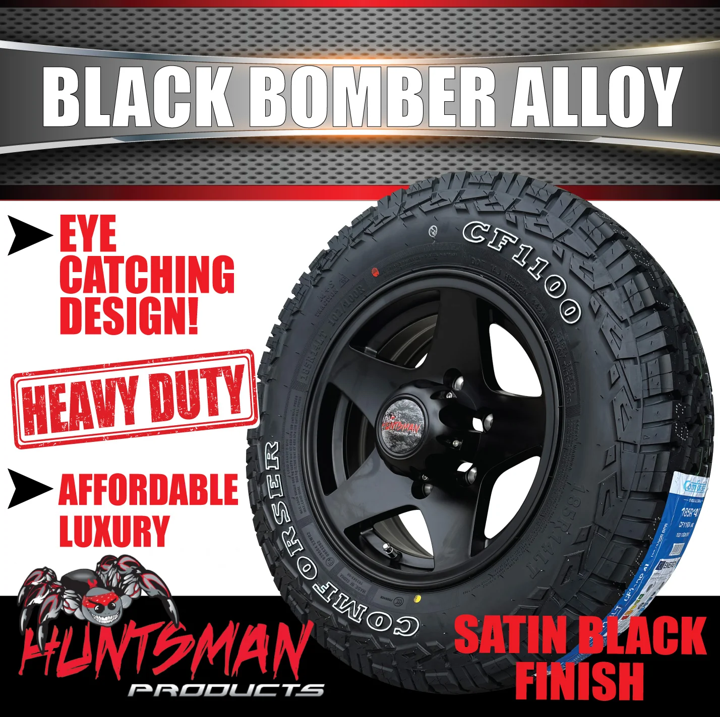 14" Trailer Caravan 6 Stud Black Bomber Alloy Wheel & 185R14 LT RA1100 A/T Commercial Tyre. 185 14