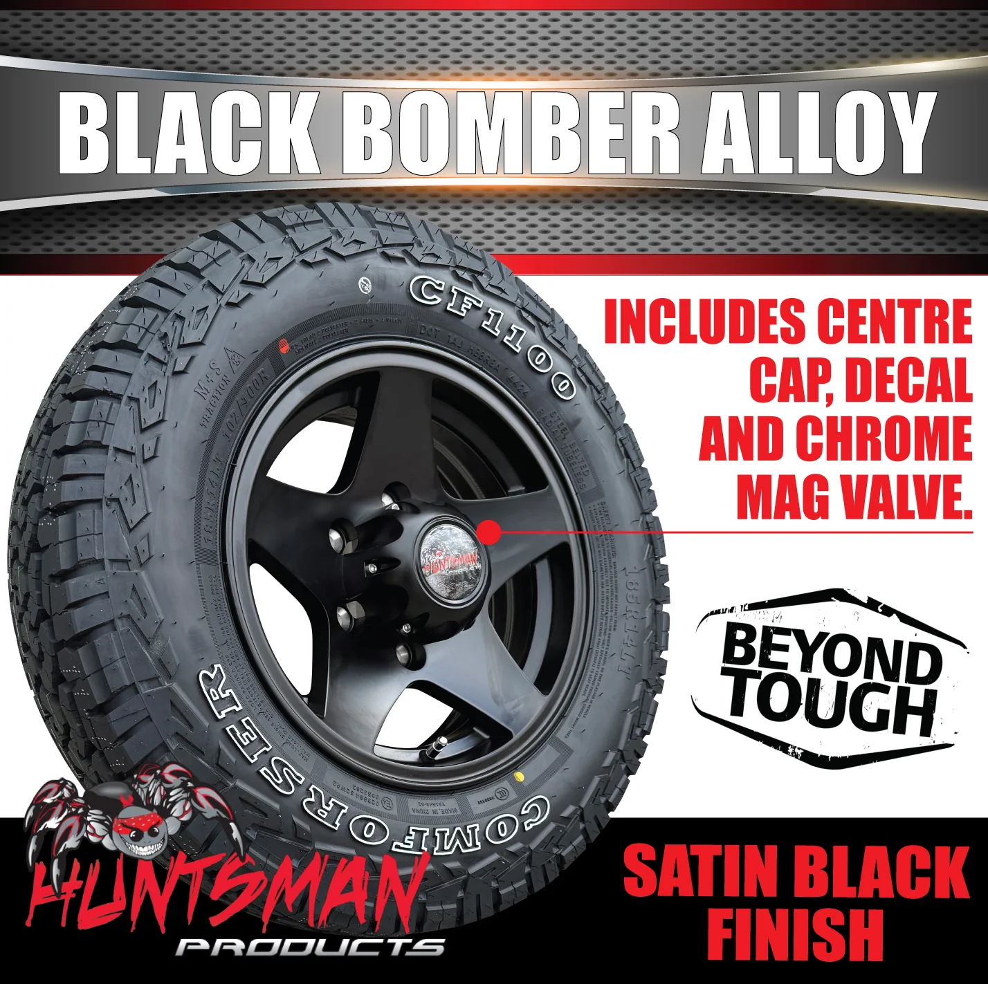 14" Trailer Caravan 6 Stud Black Bomber Alloy Wheel & 185R14 LT RA1100 A/T Commercial Tyre. 185 14 - Image 9
