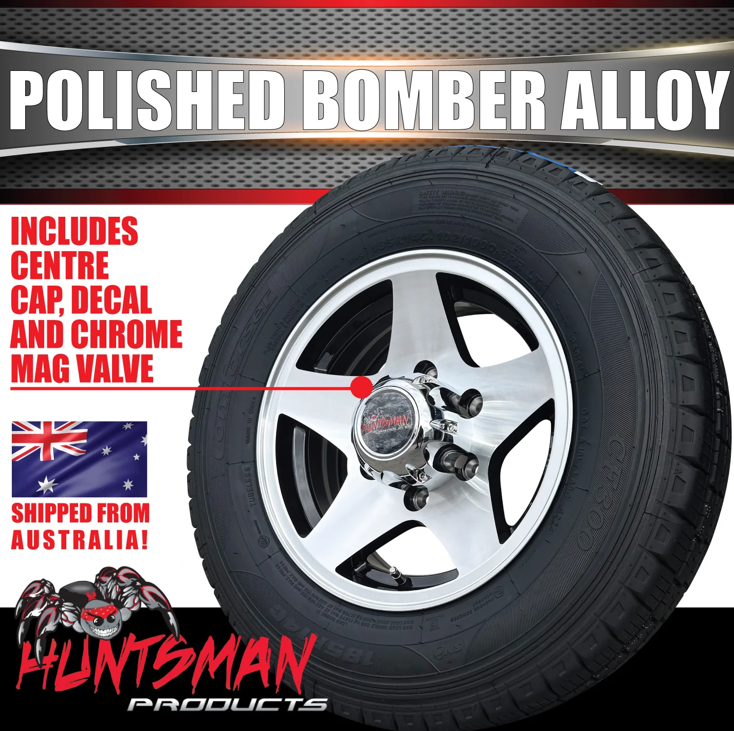 14" Trailer Caravan 6 Stud Polished Bomber Alloy Wheel & 185R14C Commercial Tyre. 185 14 - Image 3