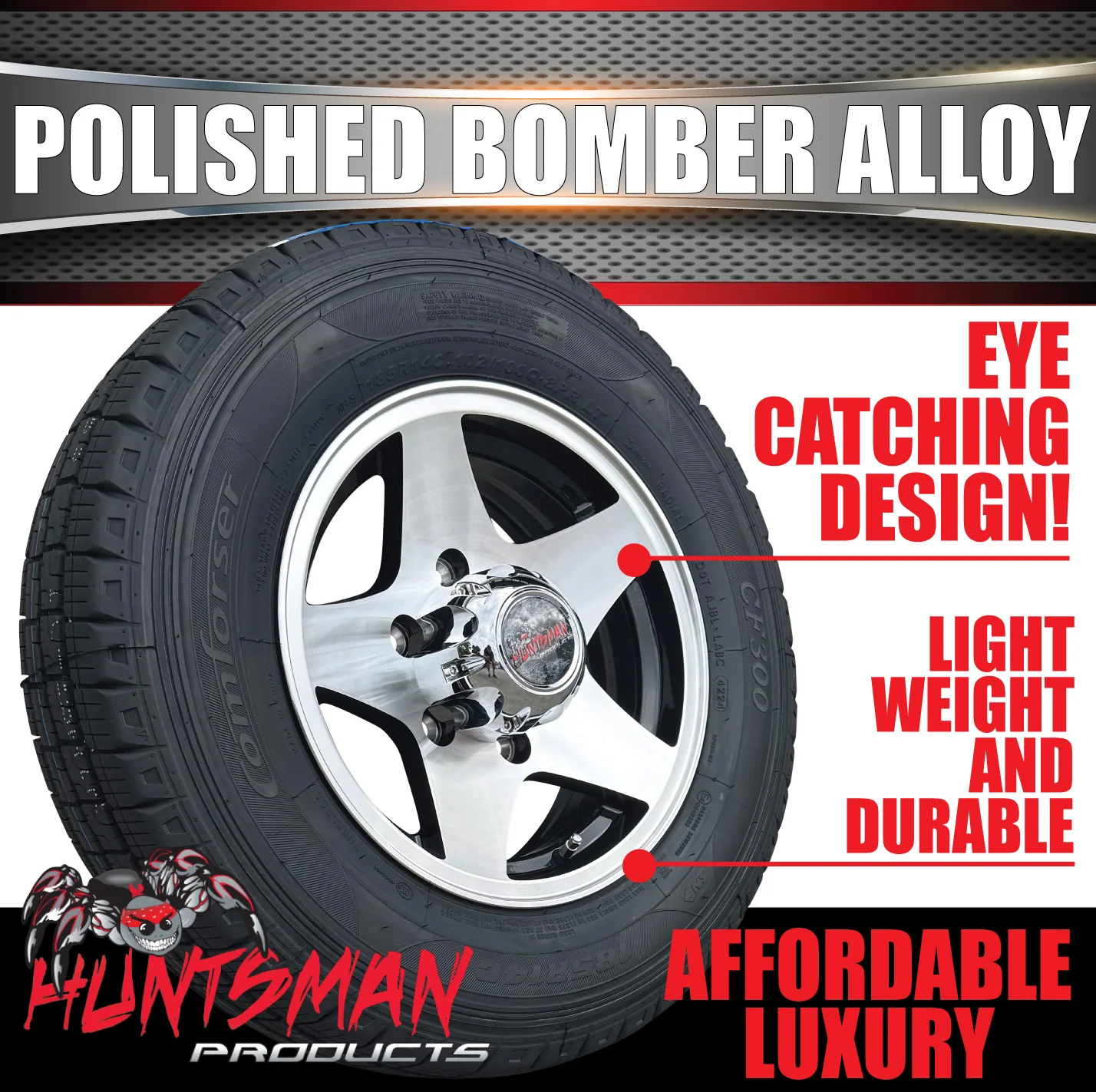 14" Trailer Caravan 6 Stud Polished Bomber Alloy Wheel & 185R14C Commercial Tyre. 185 14 - Image 4