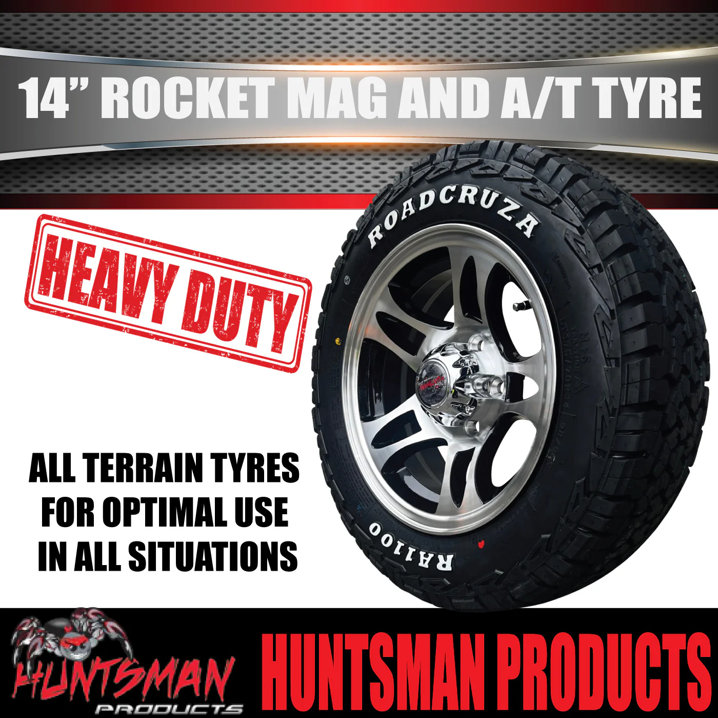 14x6 & 175/70R14 LT RA1100 HQ Holden Rocket Trailer Caravan Mag Wheel Rim & All Terrain Tyre