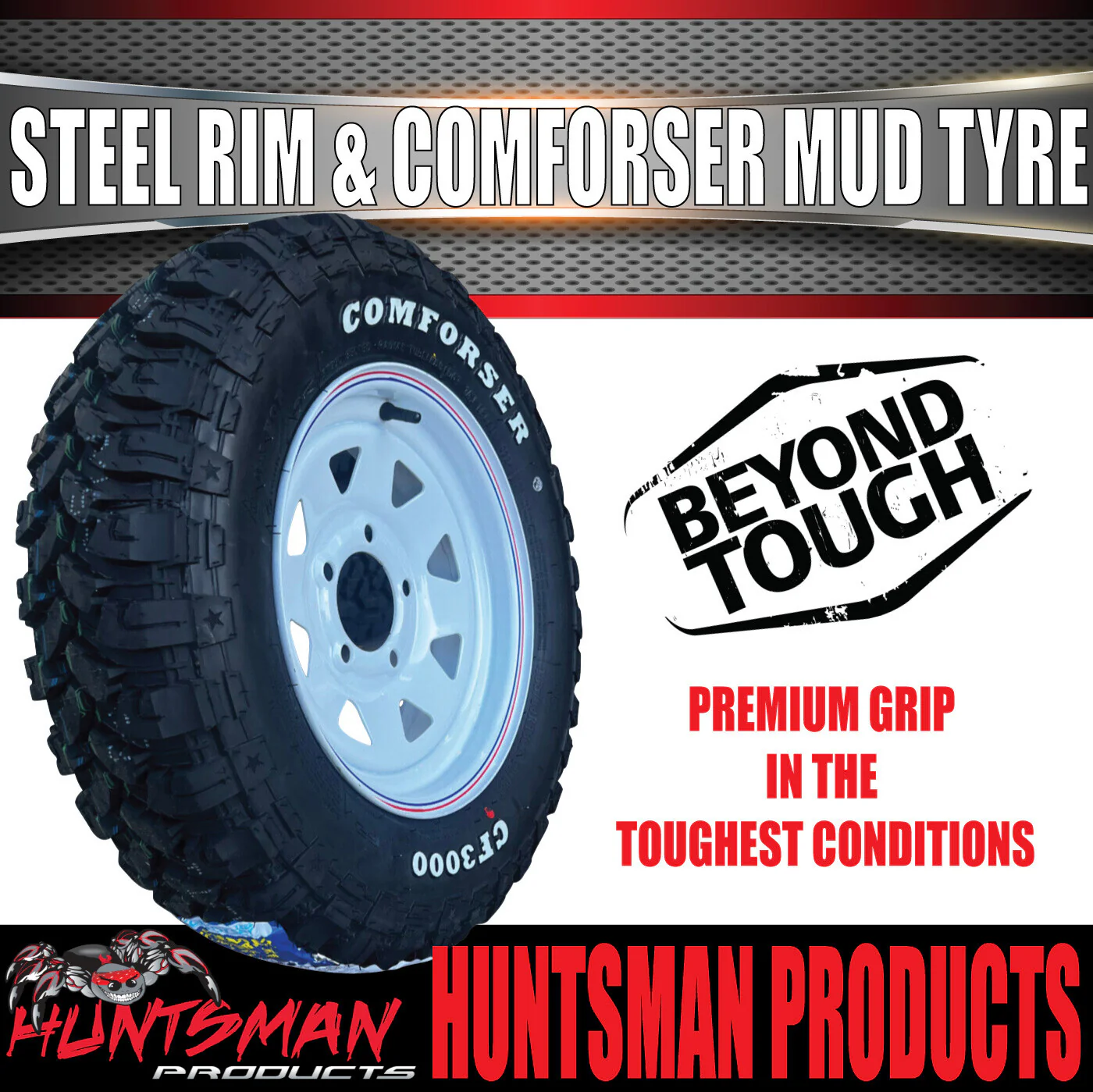 14x6 HQ Holden Pattern White Trailer Caravan Steel Rim & 185R14 LT Comforser Mud Tyre - Image 3