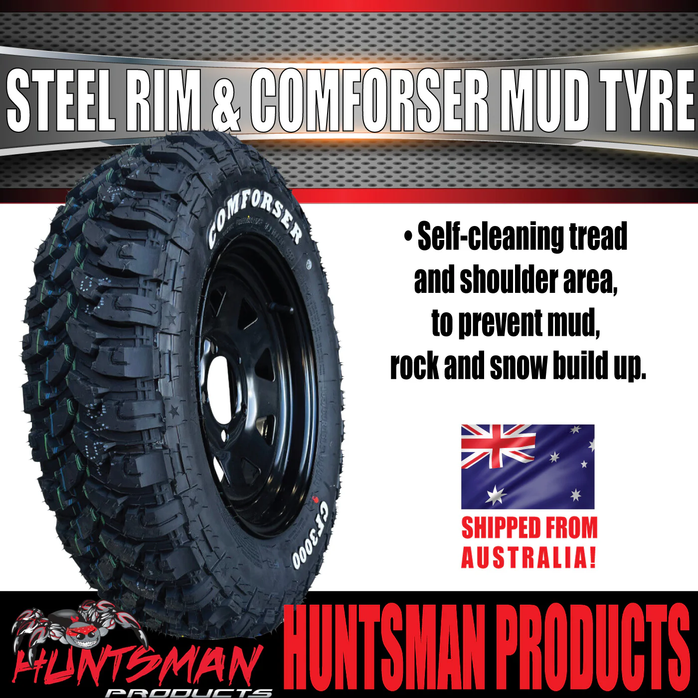 14x6 HQ Holden Pattern Black Trailer Caravan Steel Rim & 185R14 LT Comforser Mud Tyre - Image 3
