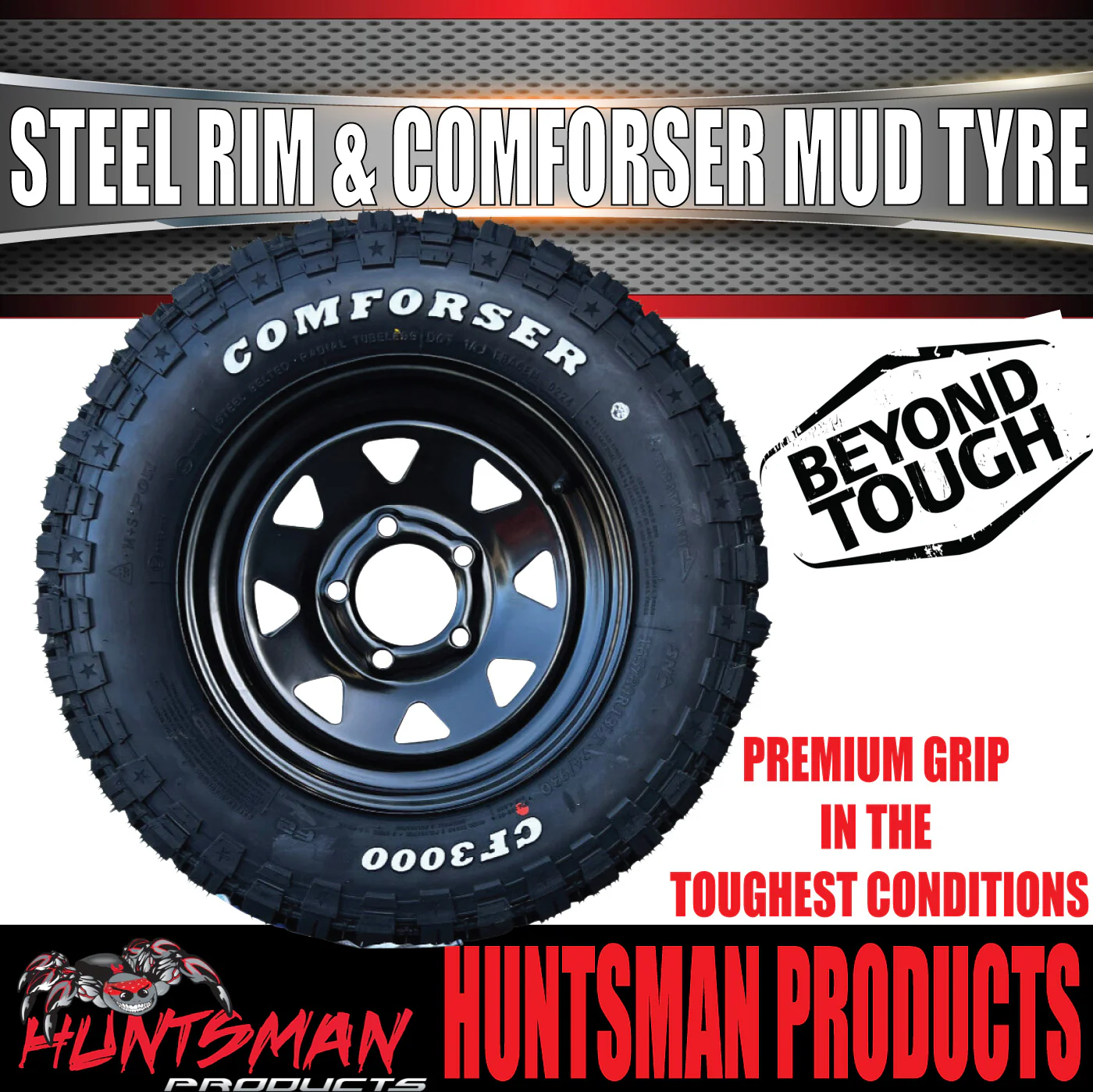 14x6 HQ Holden Pattern Black Trailer Caravan Steel Rim & 185R14 LT Comforser Mud Tyre - Image 4
