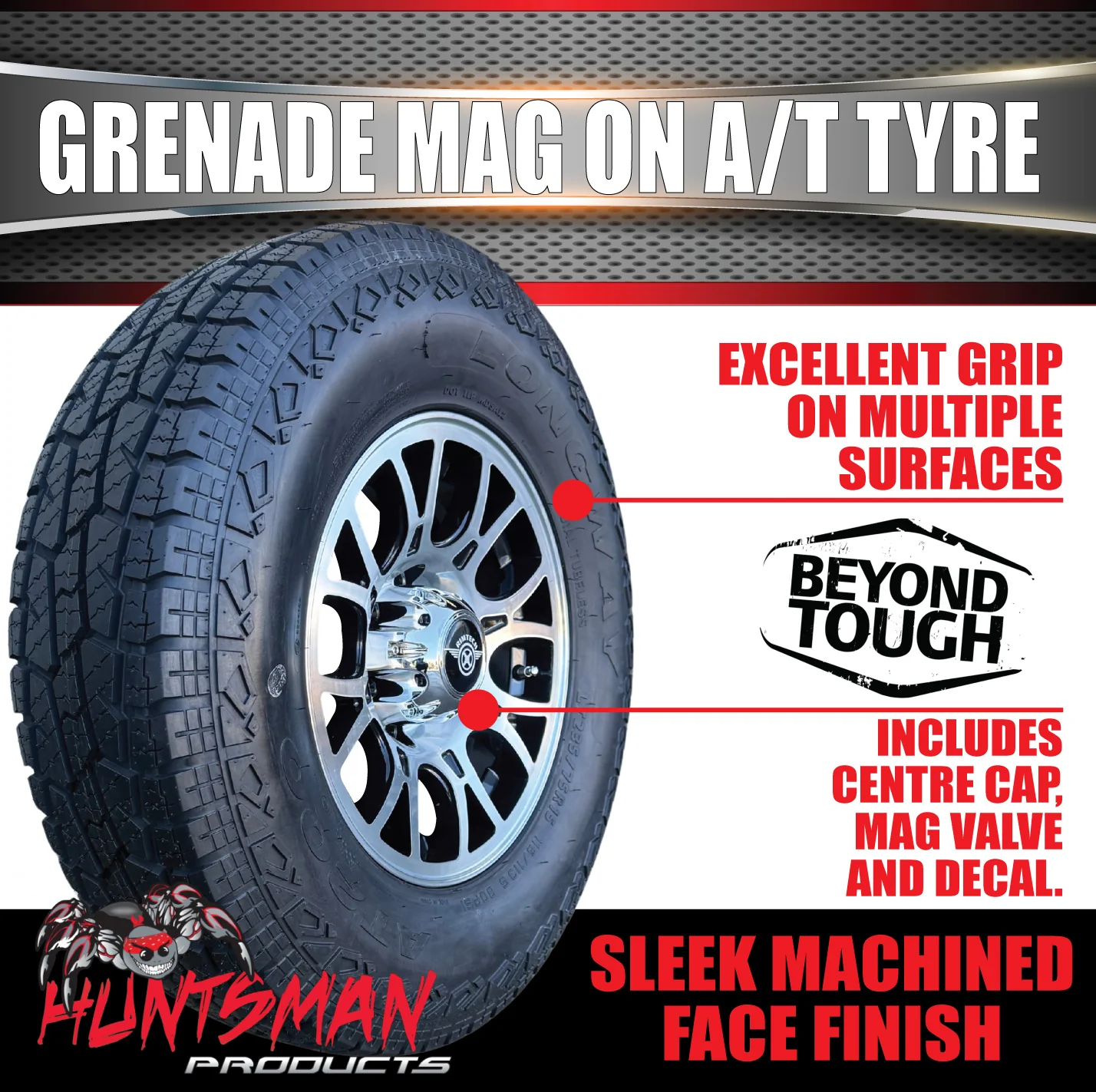 15" 6 Stud Grenade Caravan Trailer Alloy Mag Rim & 31X10.5R15 LT All Terrain Tyre - Image 4