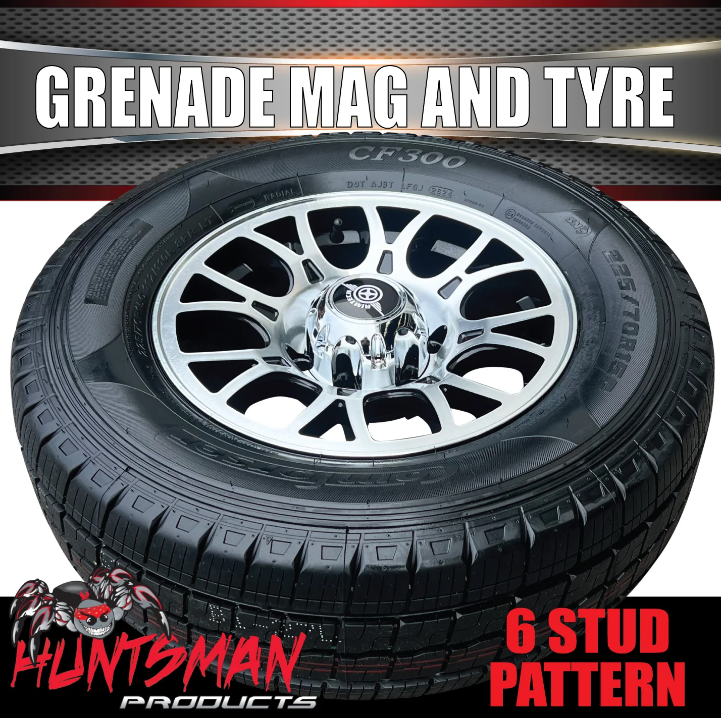 15" 6 Stud Trailer Caravan Grenade Alloy Mag Rim & 195R15C Tyre. 195 15 - Image 4