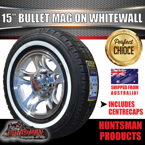 15" Trailer Caravan Bullet Mag & 195R15C Whitewall Tyre Suits Ford. 195 15 - Image 2