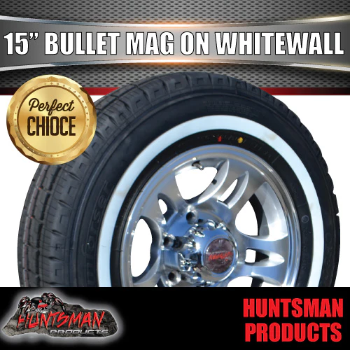 15" Trailer Caravan Bullet Mag & 195R15C Whitewall Tyre Suits Ford. 195 15 - Image 4