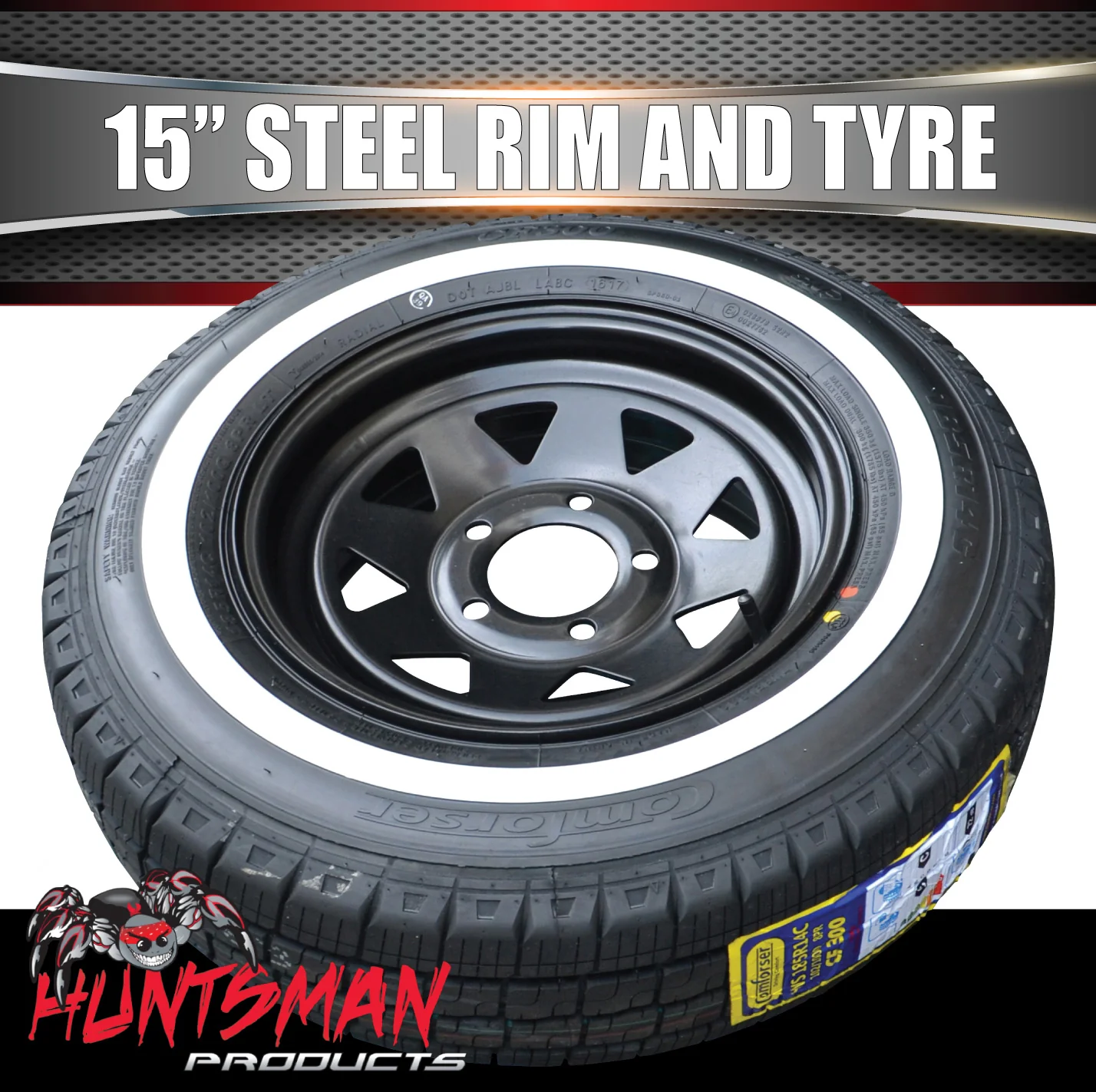 15" Ford Pattern Caravan Trailer Black Steel Rim & 205/75R15C Comforser CF300 Whitewall Tyre - Image 6