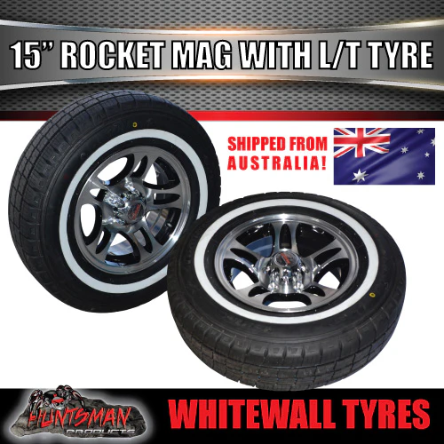 15" Trailer Caravan Ford Pattern Rocket Mag Rim & 205/75R15C Whitewall Tyre. 205 75 15