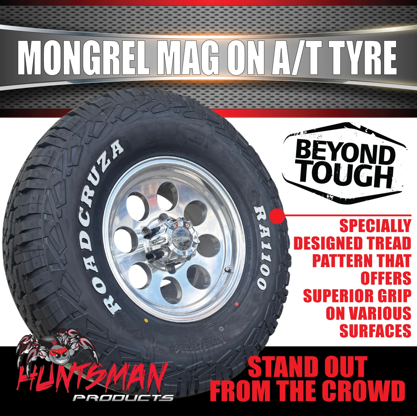 15x8 Polished Mongrel Mag Rim 6/139.7 PCD & 33x12.5R15 LT Roadcruza RA1100 A/T Tyre - Image 4