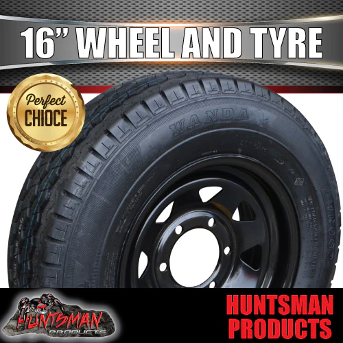 16x6" 6 stud black caravan trailer steel wheel & 225/75R16C L/T tyre. 225 75 16 - Image 4