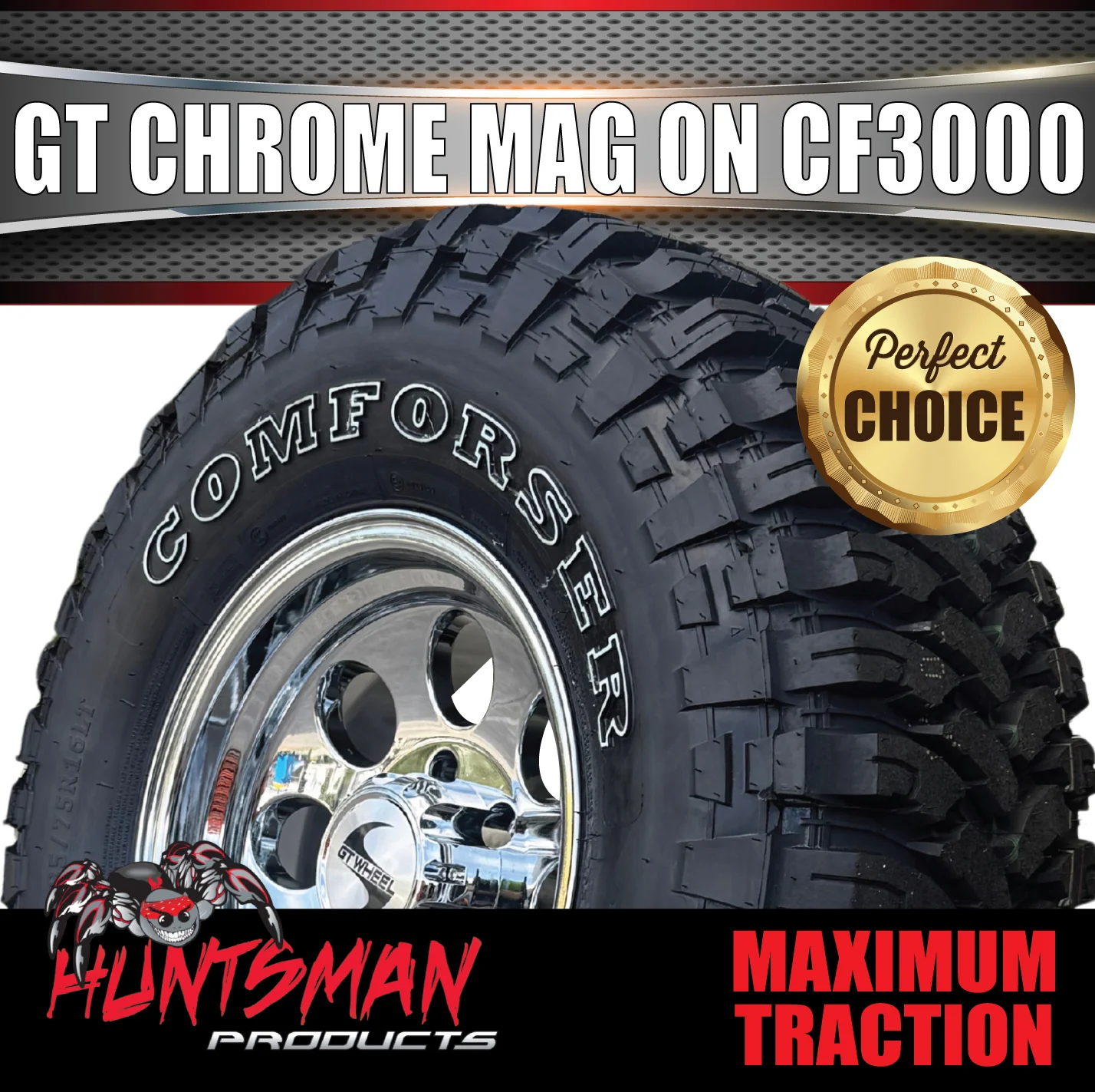 16" GT Vacuum Chrome Alloy Mag Wheel & 245/75R16 Comforser CF3000 Mud Tyre - Image 2