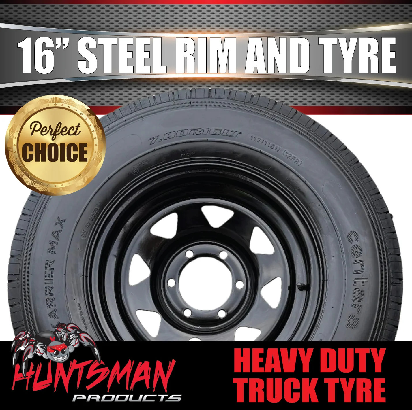16x6" Plant Trailer Black 6 Stud Steel Rim & 7:00R16 L/T Truck Tyre 1200kg - Image 3
