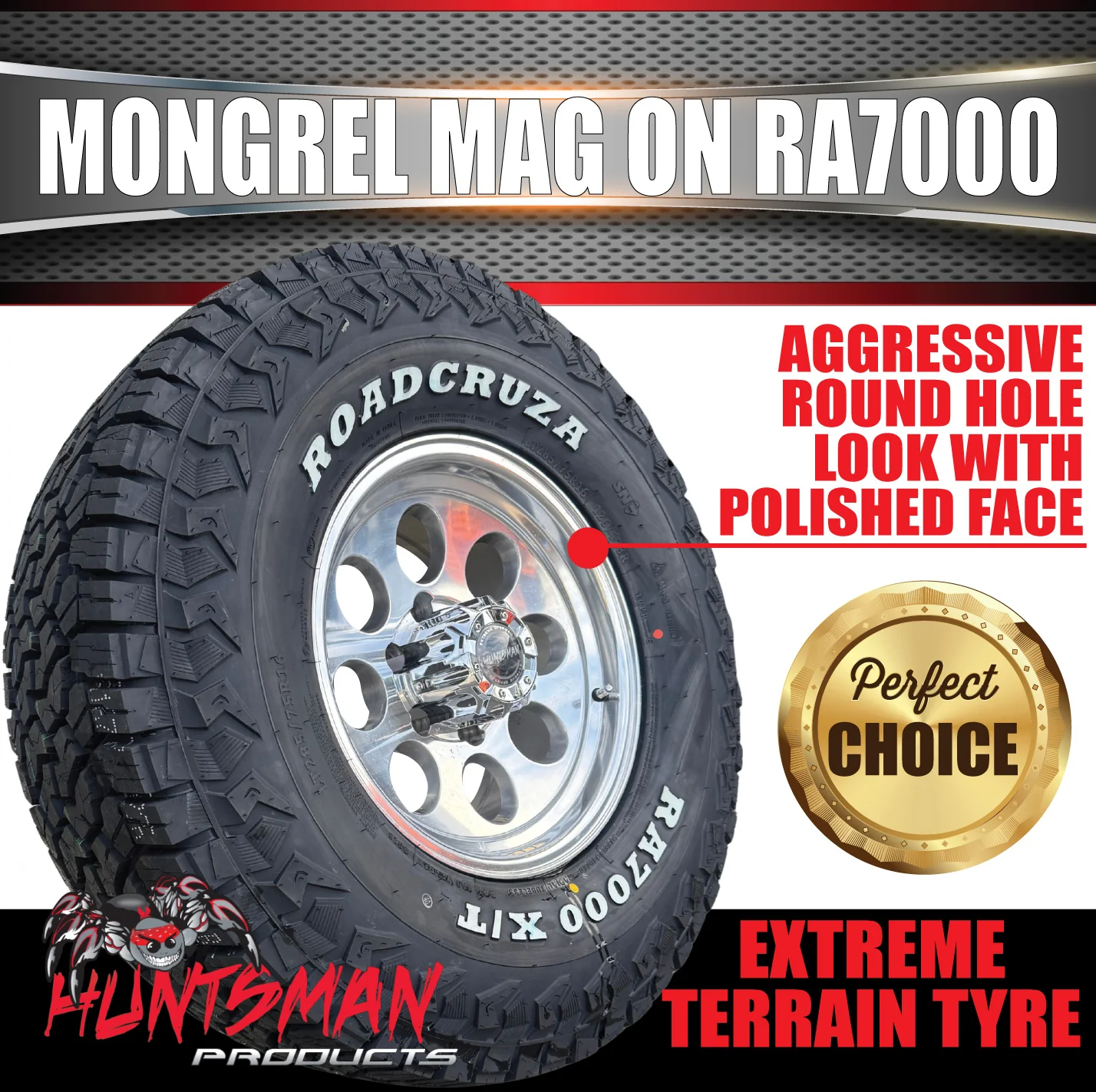 16x8 Polished Mongrel Mag Rim 6/139.7 PCD & 245/70R16 Roadcruza RA7000 X/T Extreme A/T Tyre