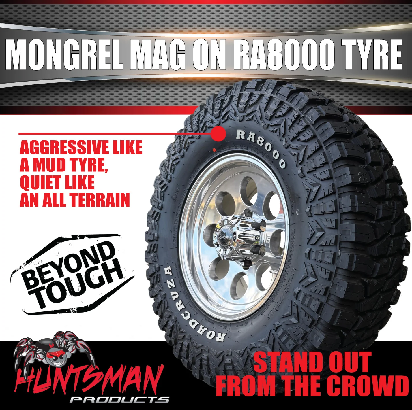 16x8 Polished Mongrel Mag Rim 6/139.7 PCD & 265/75R16 Roadcruza RA8000 Tyre