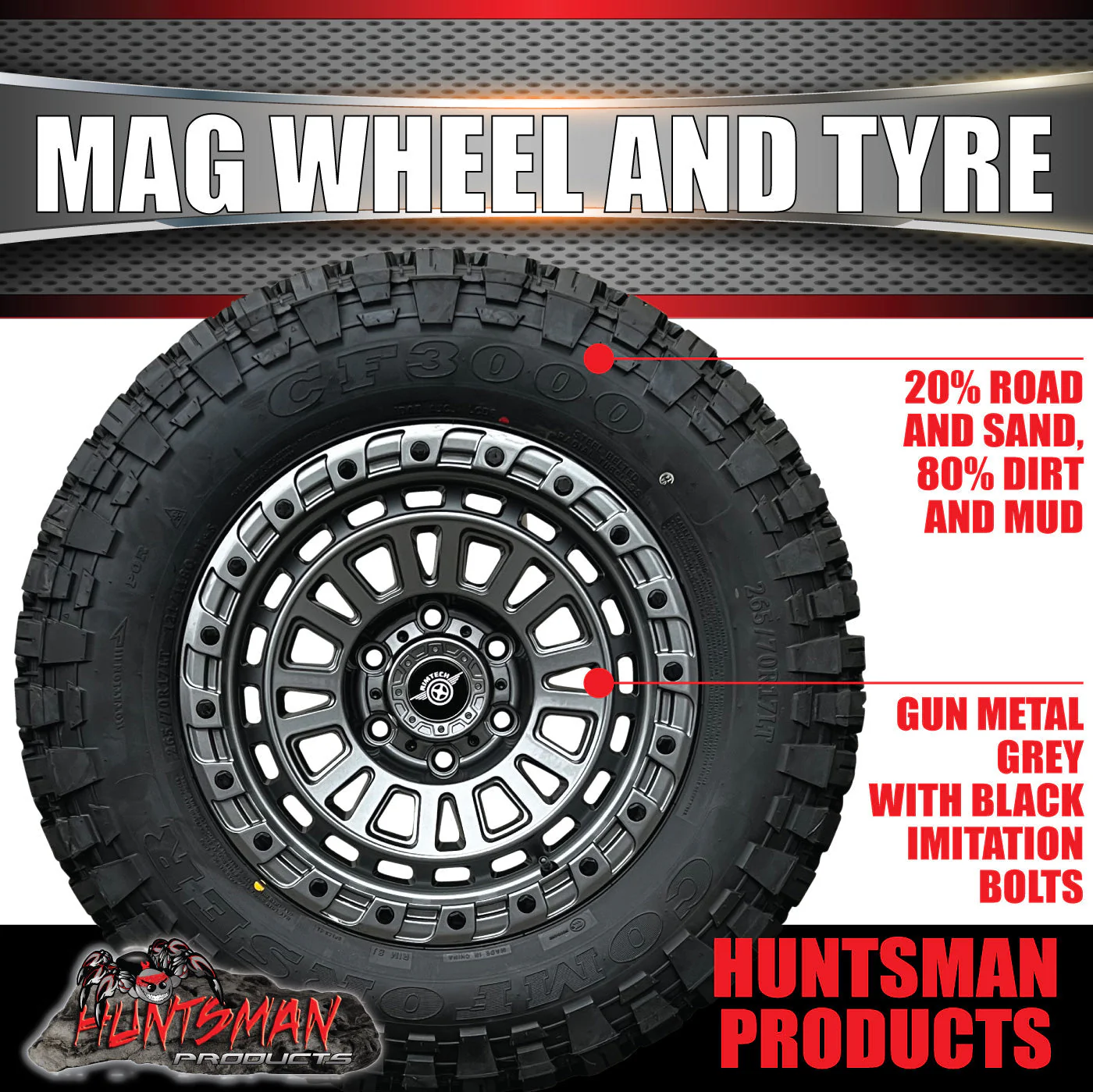17x8 Gunmetal Sandstorm Alloy Rim 6/139.7 pcd ET0 & 33x12.5R17 Comforser Mud Tyre - Image 3