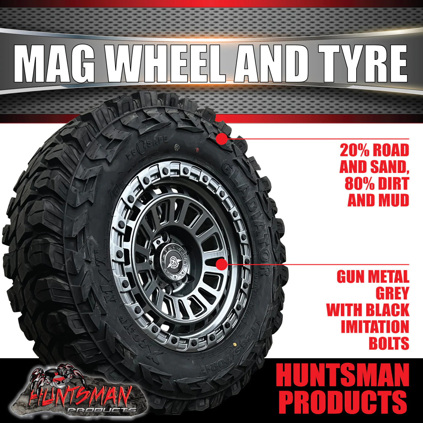 17x8 Sandstorm Gunmetal Alloy Wheel 6/139.7 pcd ET0 & 35x12.5R17 Gladiator Mud Tyre - Image 4
