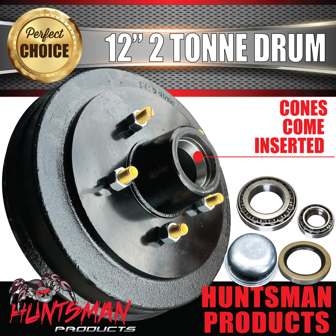 1x 12" 2 Tonne 5 Stud Electric Trailer Brake Drum & Bearings 30210 & 15123. Huntsman & Alko Style