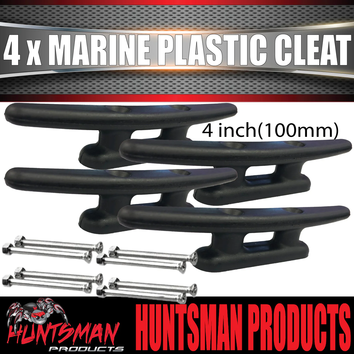 4x 100mm Marine Boat Yacht Black Nylon Plastic Cleat + SS Bolts UV Resistant