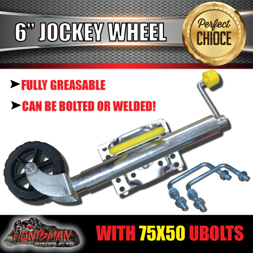 6" Trailer Caravan Swing Up Jockey Wheel & 75x50mm U bolts. 500Kg Ball Rating