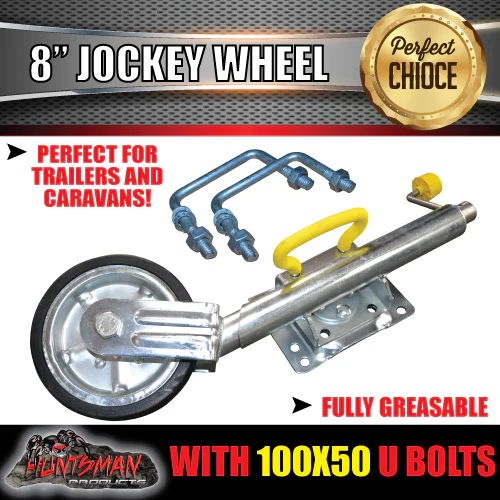 8" Trailer Caravan Swing Up Jockey Wheel & 100x50mm U bolts. 750Kg Ball Rated