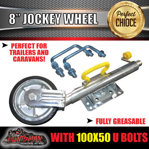 8" Trailer Caravan Swing Up Jockey Wheel & 75x50mm U bolts. 750Kg Ball Load