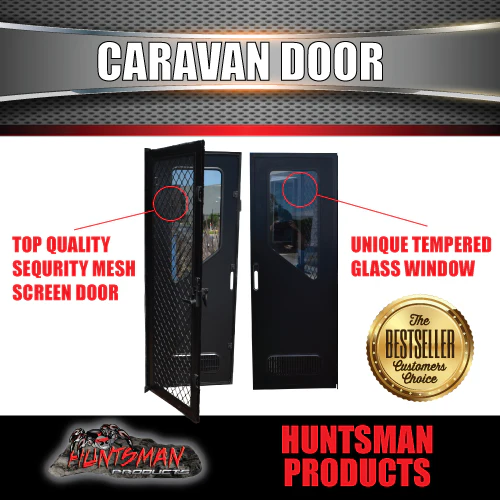 RHS Hinge Caravan Black Access Security Side door + Locking Flyscreen. 1750mm x 625mm