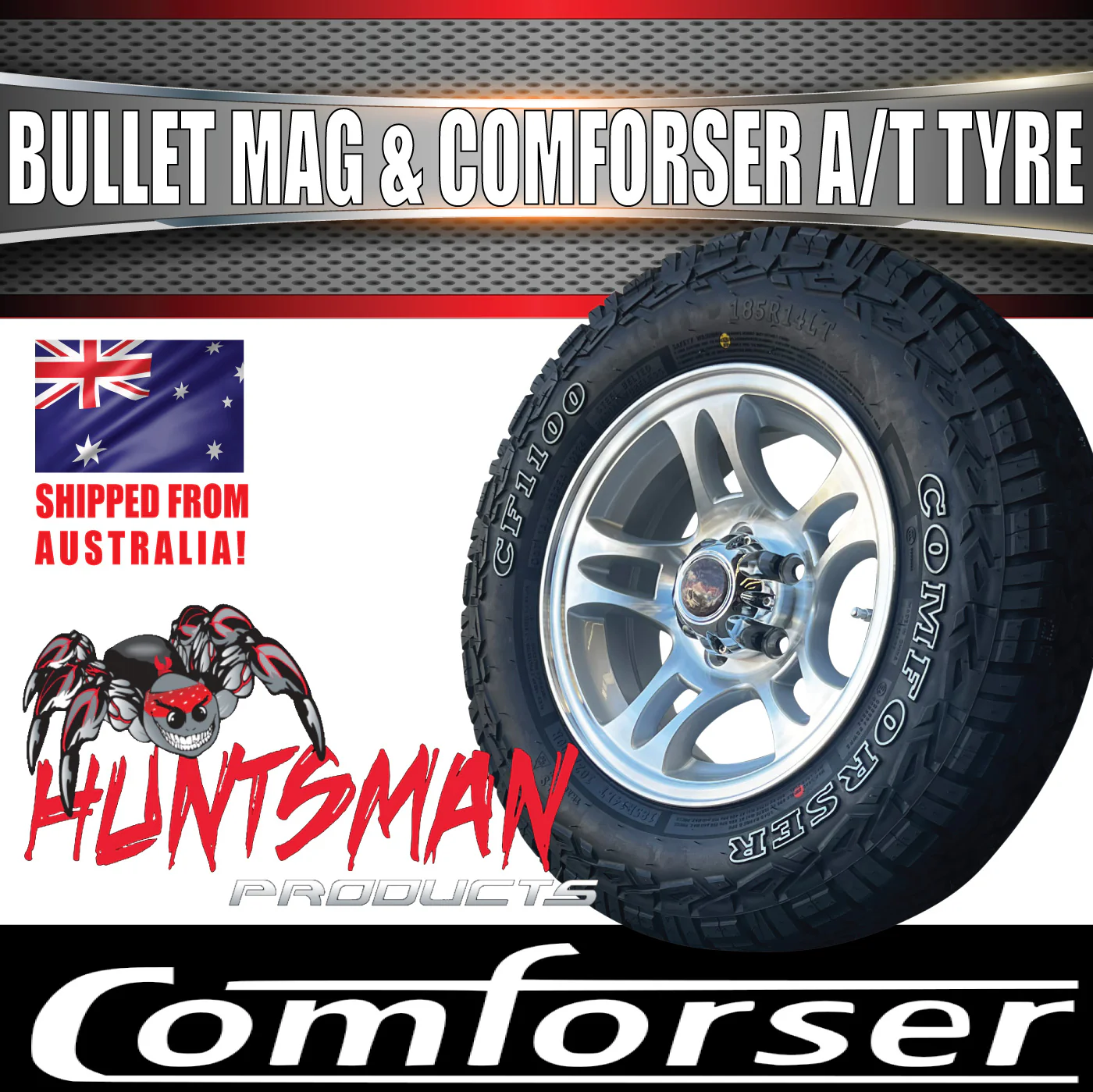 14" & 185R14 LT CF1100 Ford Stud Bullet Trailer Caravan Mag Wheel Rim & All Terrain Tyre