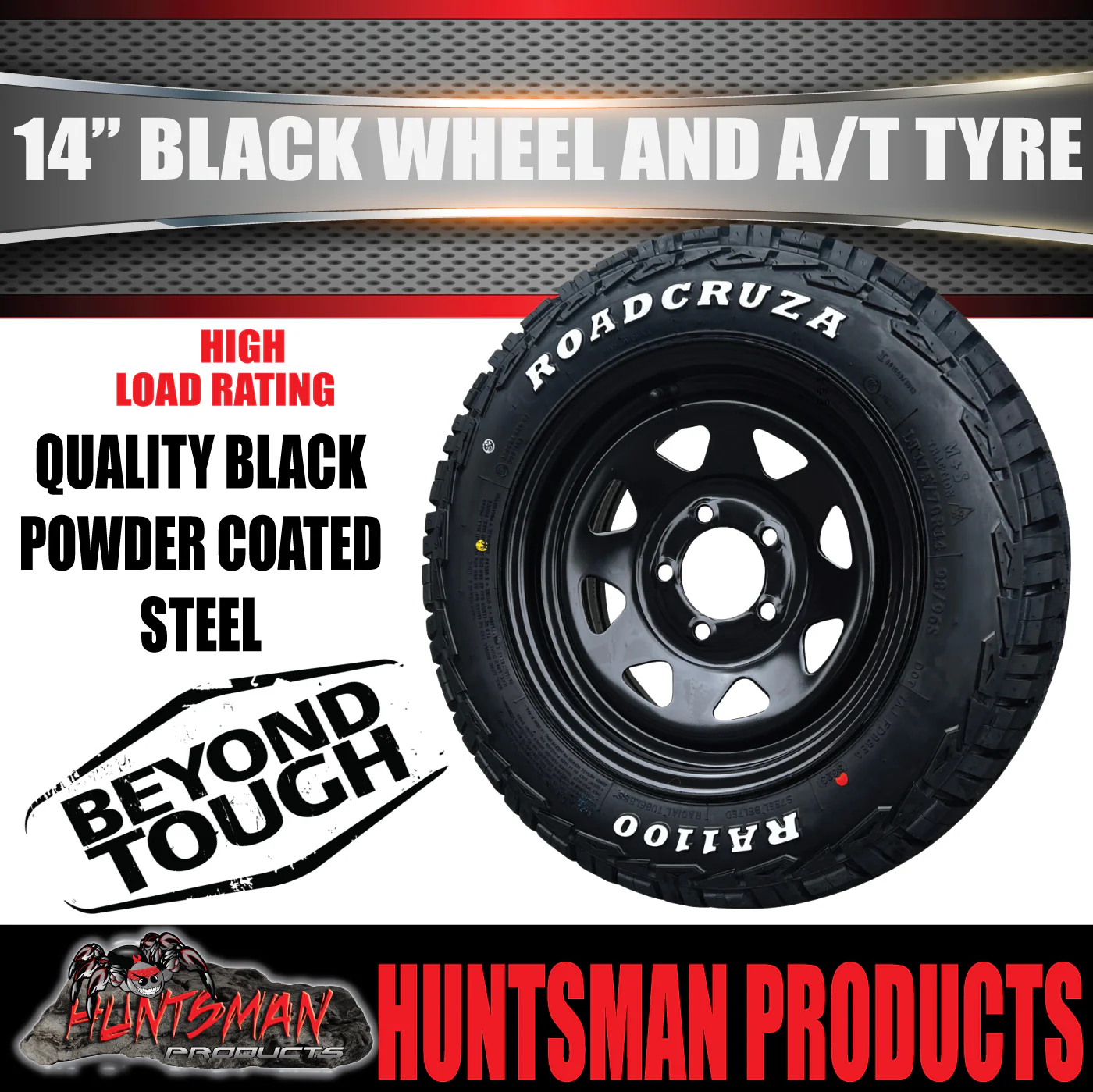14x6 & 175/70R14 LT RA1100 HQ Holden Black Trailer Caravan Wheel Rim & All Terrain Tyre 10ply