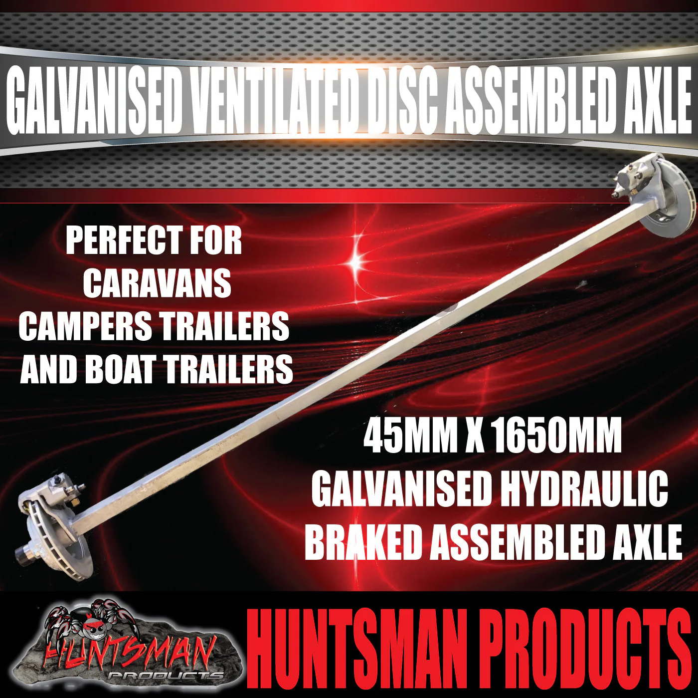 Galvanised 45mm Square Ventilated Hydraulic Disc Braked Trailer Axle 1400Kg, Axle Lengths 78''-96''. - Image 2