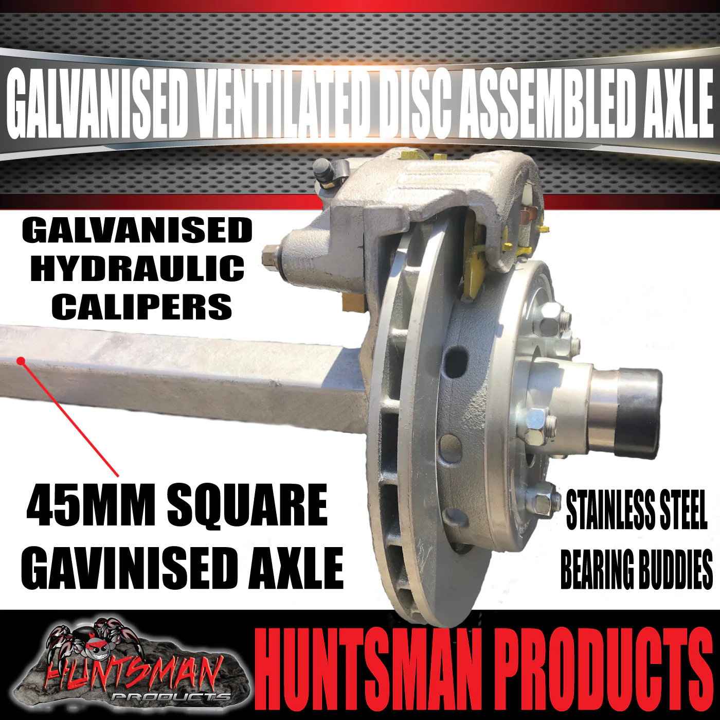 Galvanised 45mm Square Ventilated Hydraulic Disc Braked Trailer Axle 1400Kg, Axle Lengths 78''-96''. - Image 4