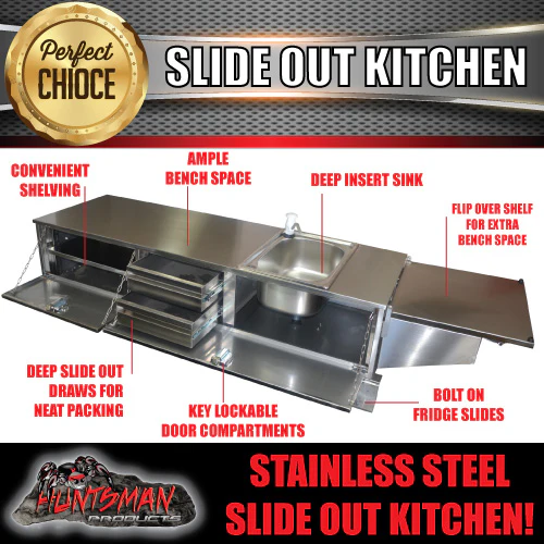 Stainless Steel Camper Trailer Caravan Slide Out Kitchen. 2 Drawers, Sink Tap