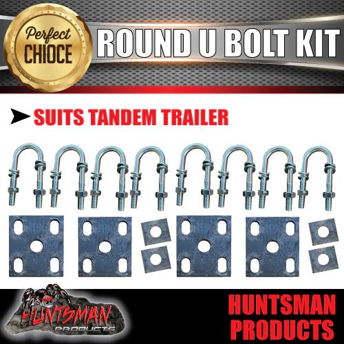 Tandem Trailer U Bolt Kit. 39mm x 115mm Round. With Fish Plates & Axle Pads