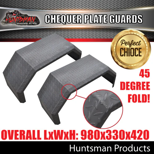 x2 Single Axle Off Road Trailer Mudguards Chequer Steel. 330mm Wide Aggressive folds