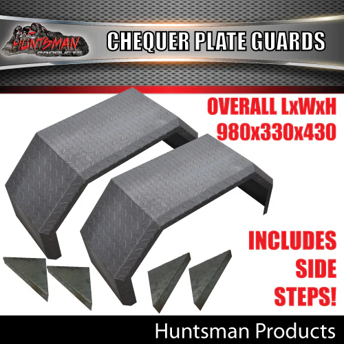 x2 Single Axle Off Road Trailer Mudguards Chequer Steel. 330mm Wide & Steps
