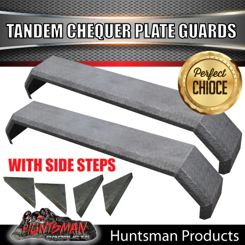 2x 1600mm x 250mm Tandem Trailer Mudguards Chequer Steel & Steps suits Slipper Springs