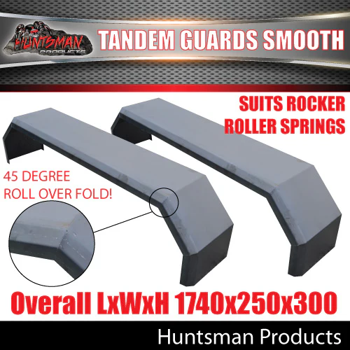 2x Tandem 1740mm x 250mm Smooth Trailer Caravan Mudguards. Suits Rocker Roller Springs