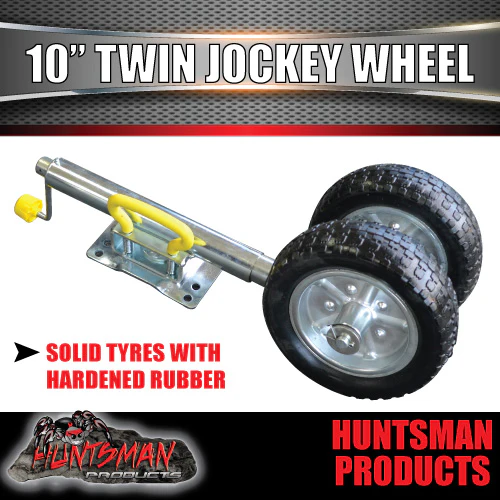 Twin Wheel 10" Trailer Caravan Jockey Wheel 1600kg Swing Up Solid wheels + U Bolts Suit 50x50mm Frame - Image 2