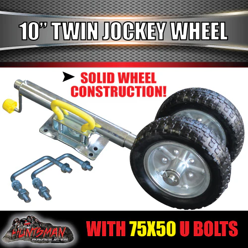 Twin Wheel 10" Trailer Caravan Jockey Wheel 1600kg Swing Up Solid wheels + U Bolts Suit 75x50mm Frame