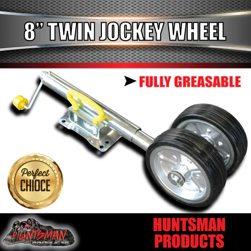 Twin 8" Trailer Caravan Jockey Wheel. 1200kg Swing Up. Solid Wheel Greasable