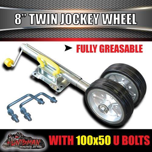 Twin 8" Trailer Caravan Jockey Wheel 1200kg Swing Up Solid wheels + U Bolts Suit 100x50mm Frame
