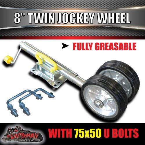 Twin 8" Trailer Caravan Jockey Wheel 1200kg Swing Up Solid wheels + U Bolts Suit 75x50mm Frame