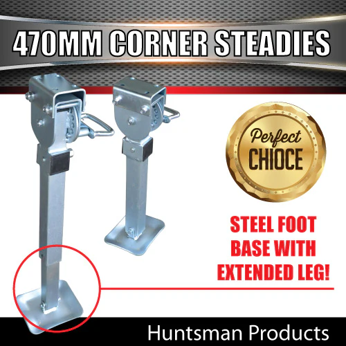 2x Caravan Trailer 470mm Drop Down corner Legs Steadies & Handle. Steel Foot! - Image 3
